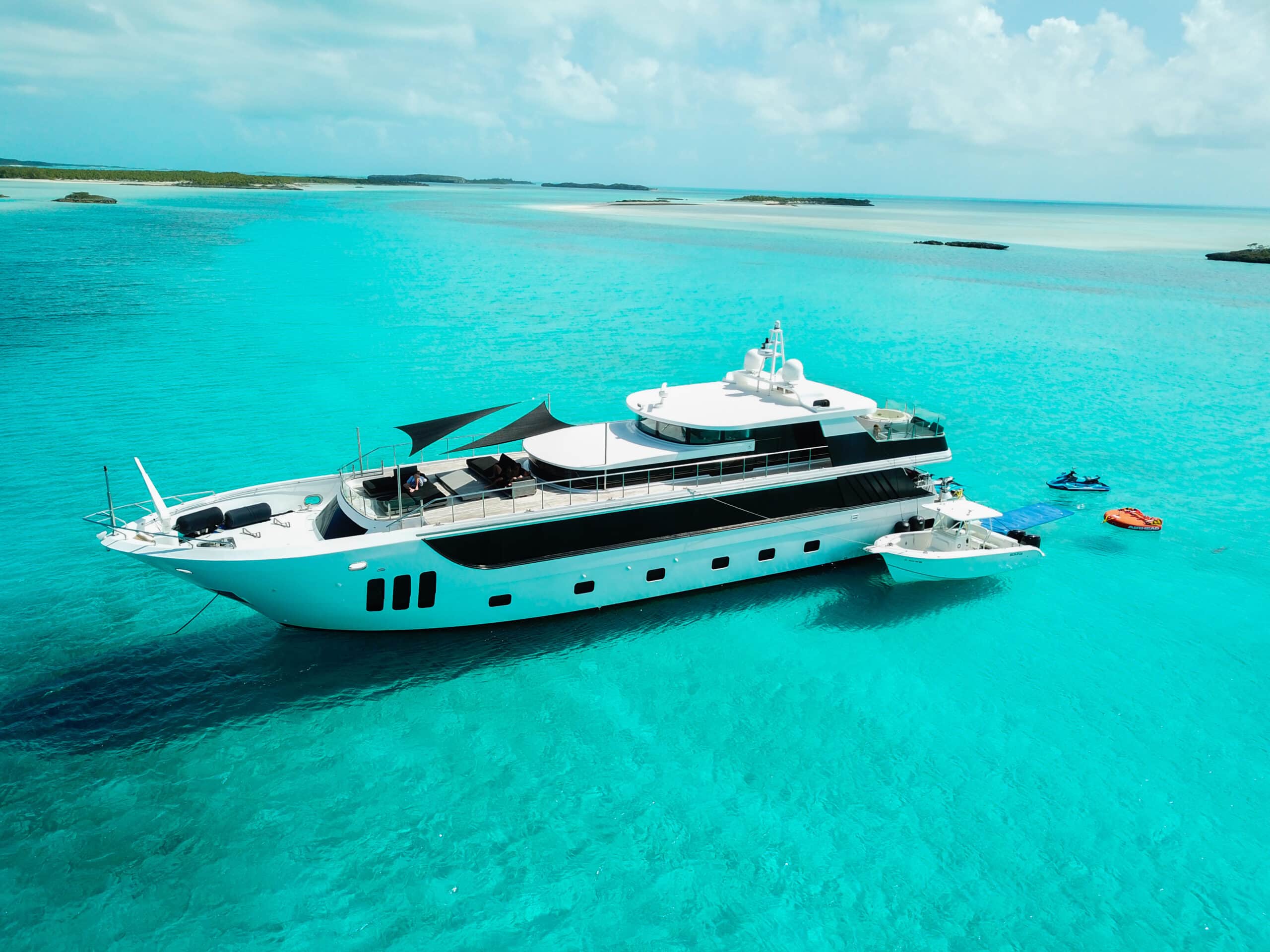 Drone shot of 112 ft Custom Privilege yacht near Venetian Islands Miami