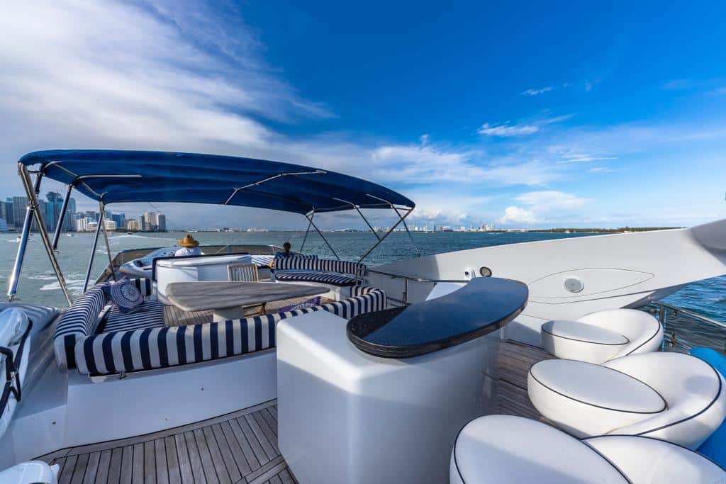 Drone shot of 84 ft Sunseeker yacht near Venetian Islands Miami