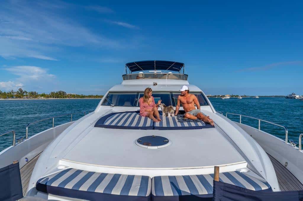 Bow of 84 ft Sunseeker yacht with Miami skyline view