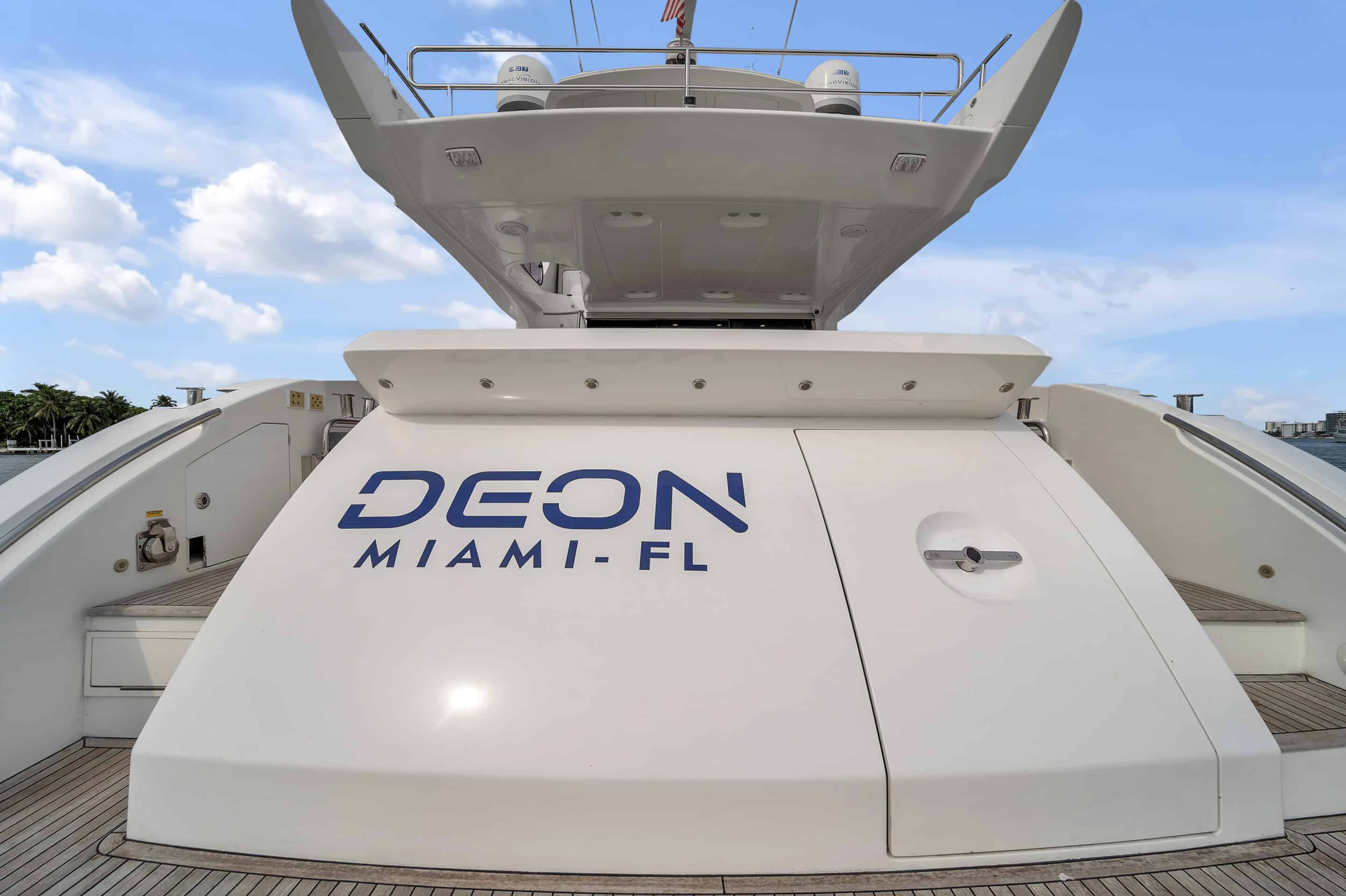 Bow of 64 ft Azimut Deon yacht with Miami skyline view