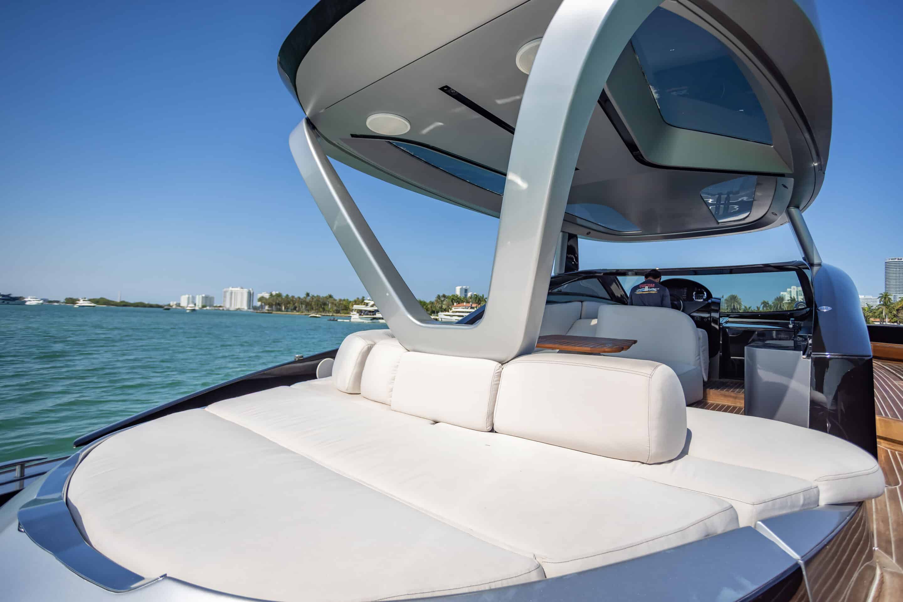 Guests aboard 55 ft Tecnomar Evo yacht near Haulover sandbar Miami
