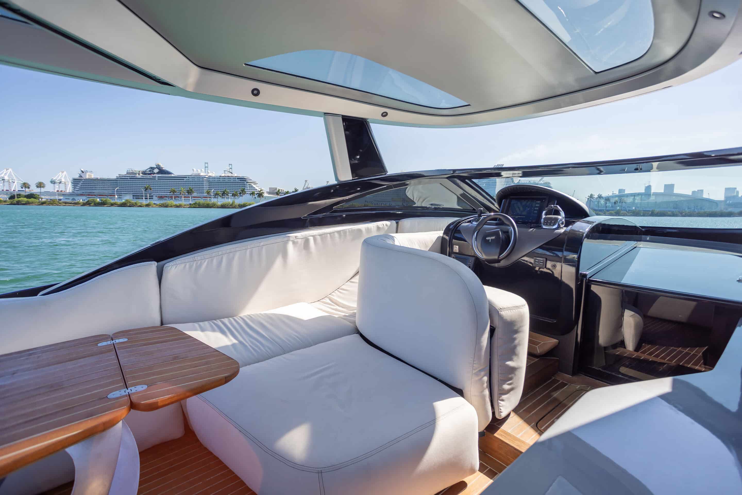 Helm station on 55 ft Tecnomar Evo yacht charter Miami