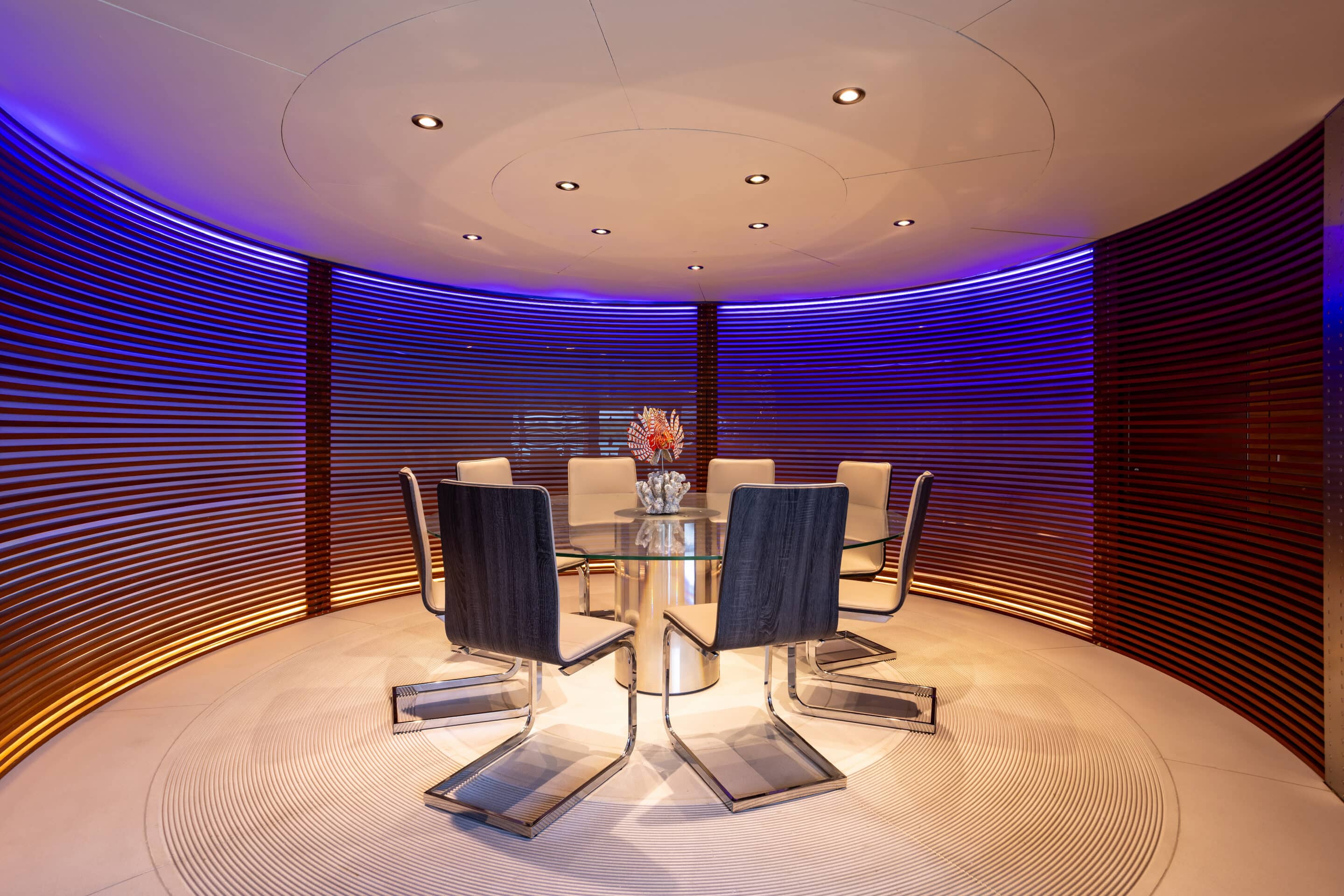 Galley and dining area inside 135 ft Baglietto Matrix yacht