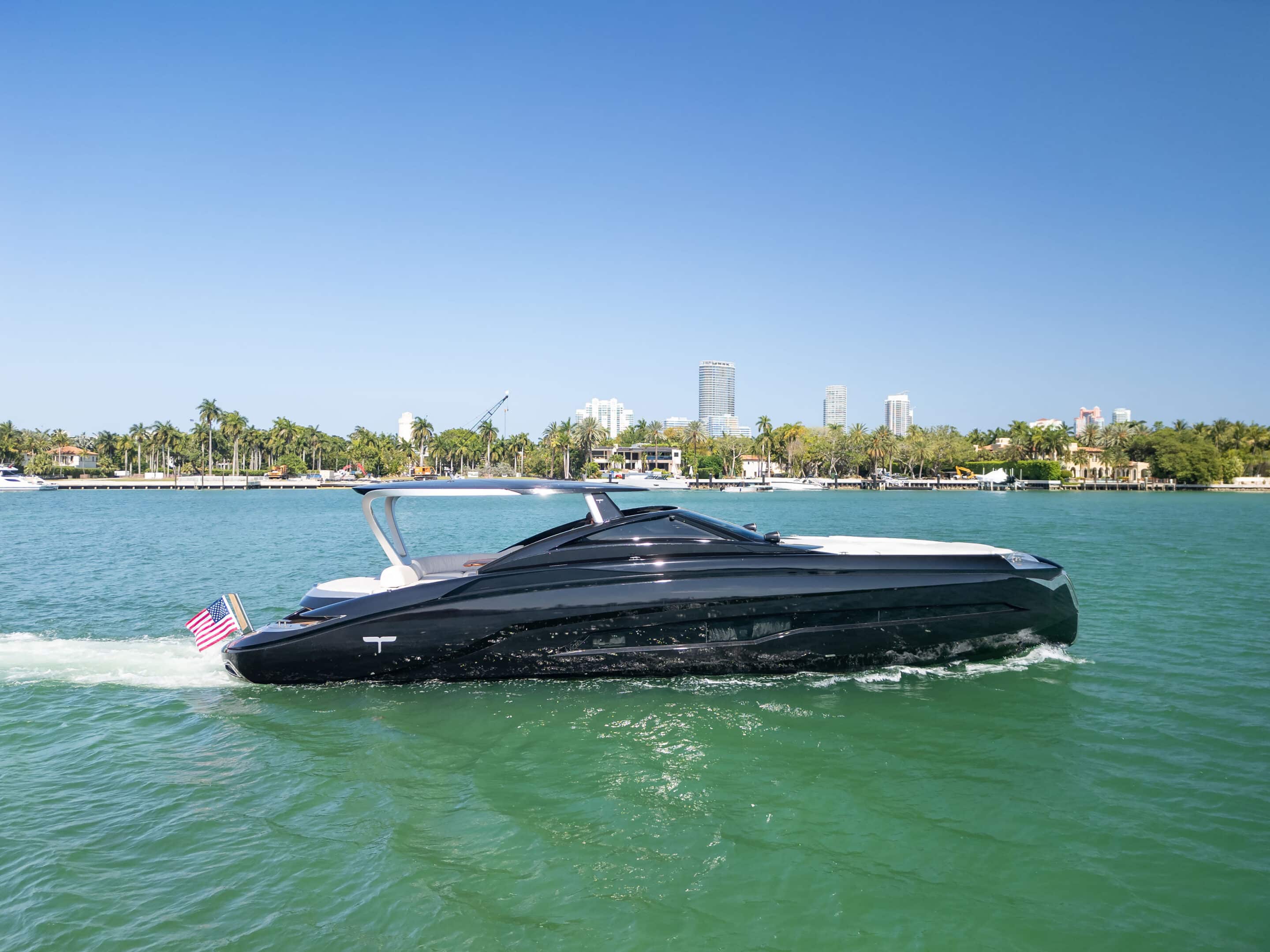 Aerial view of 55 ft Tecnomar Evo yacht off Star Island Miami