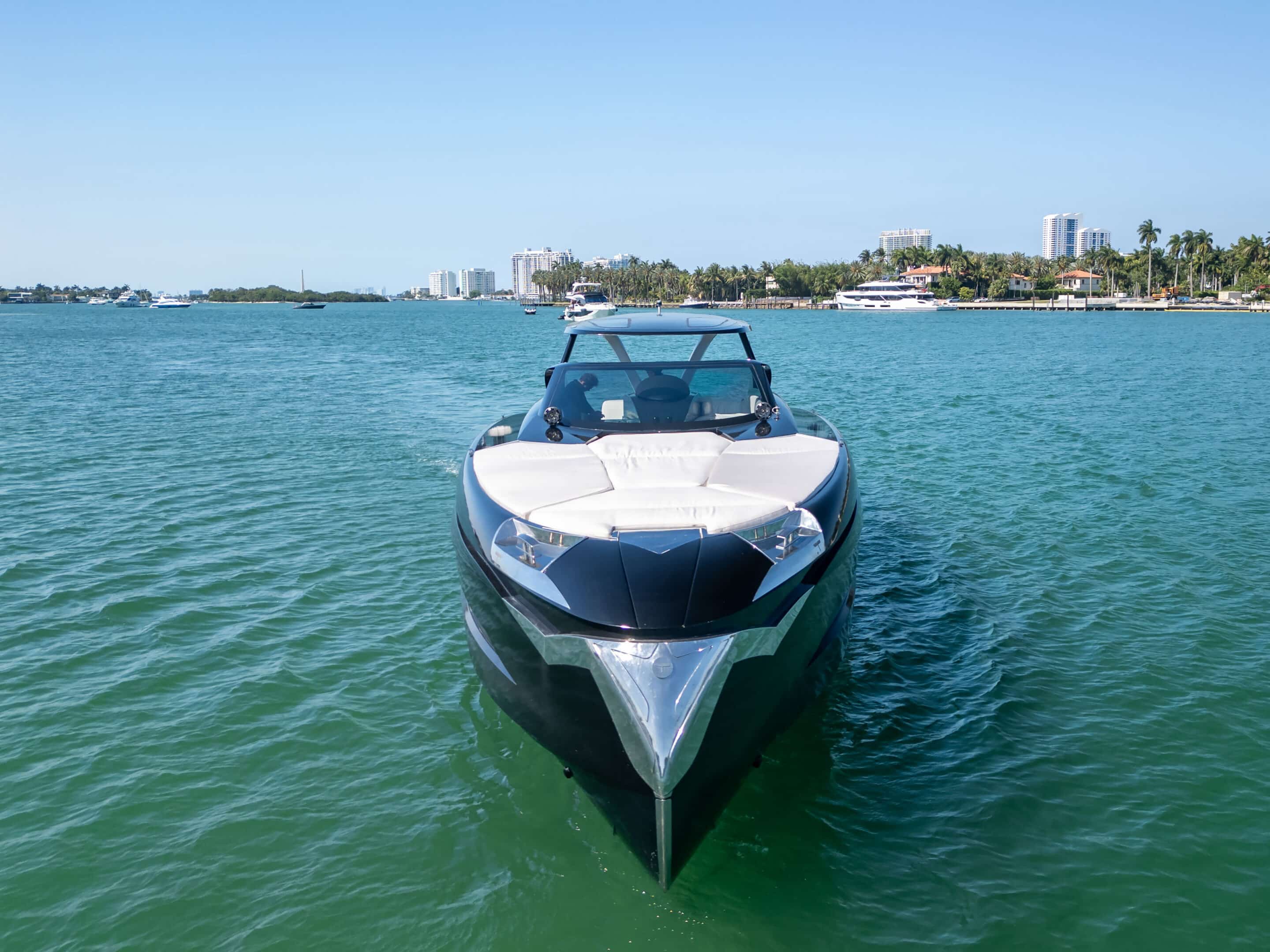 Drone shot of 55 ft Tecnomar Evo yacht near Venetian Islands Miami