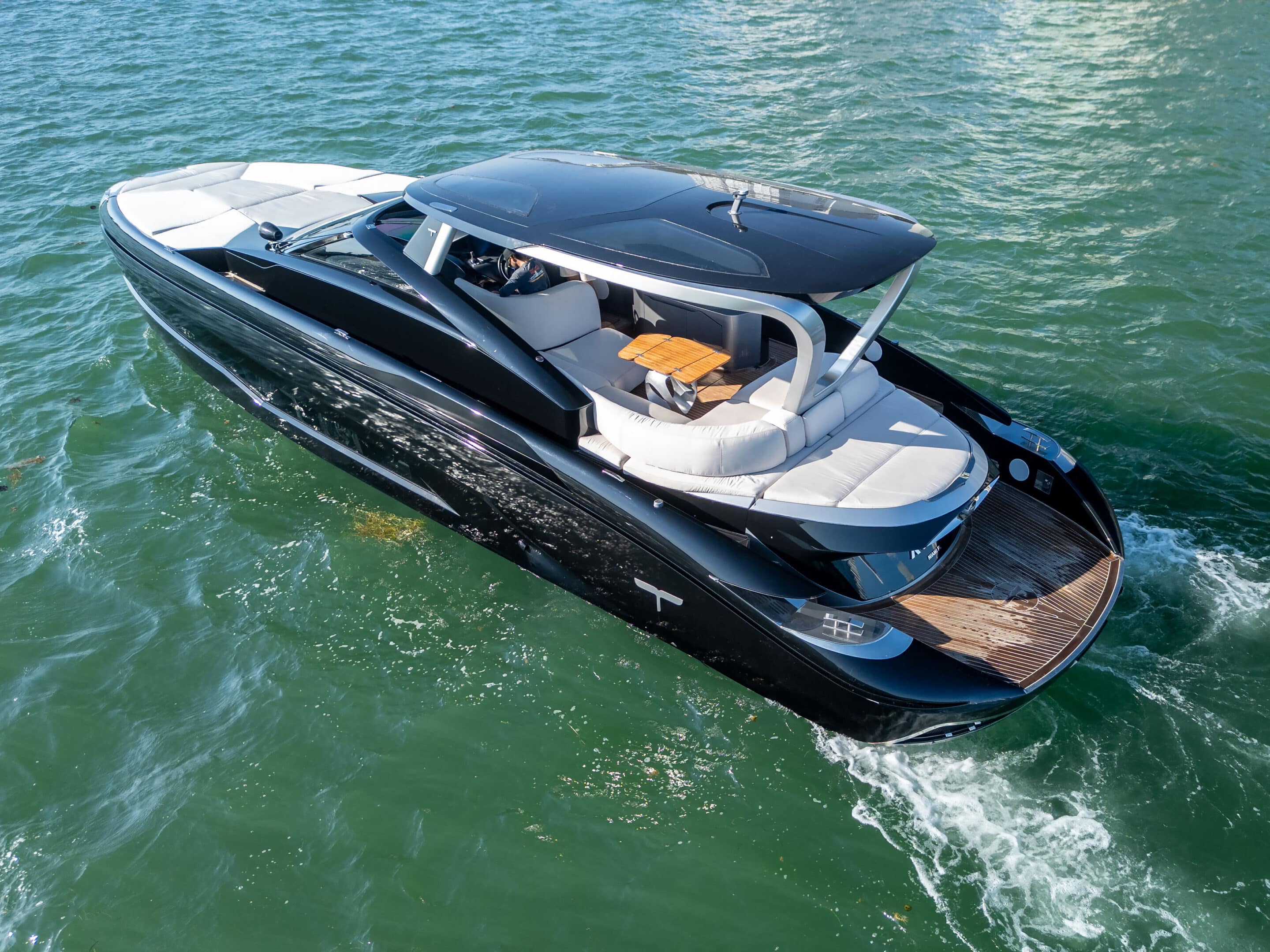 Aft deck seating on 55 ft Tecnomar Evo yacht Miami