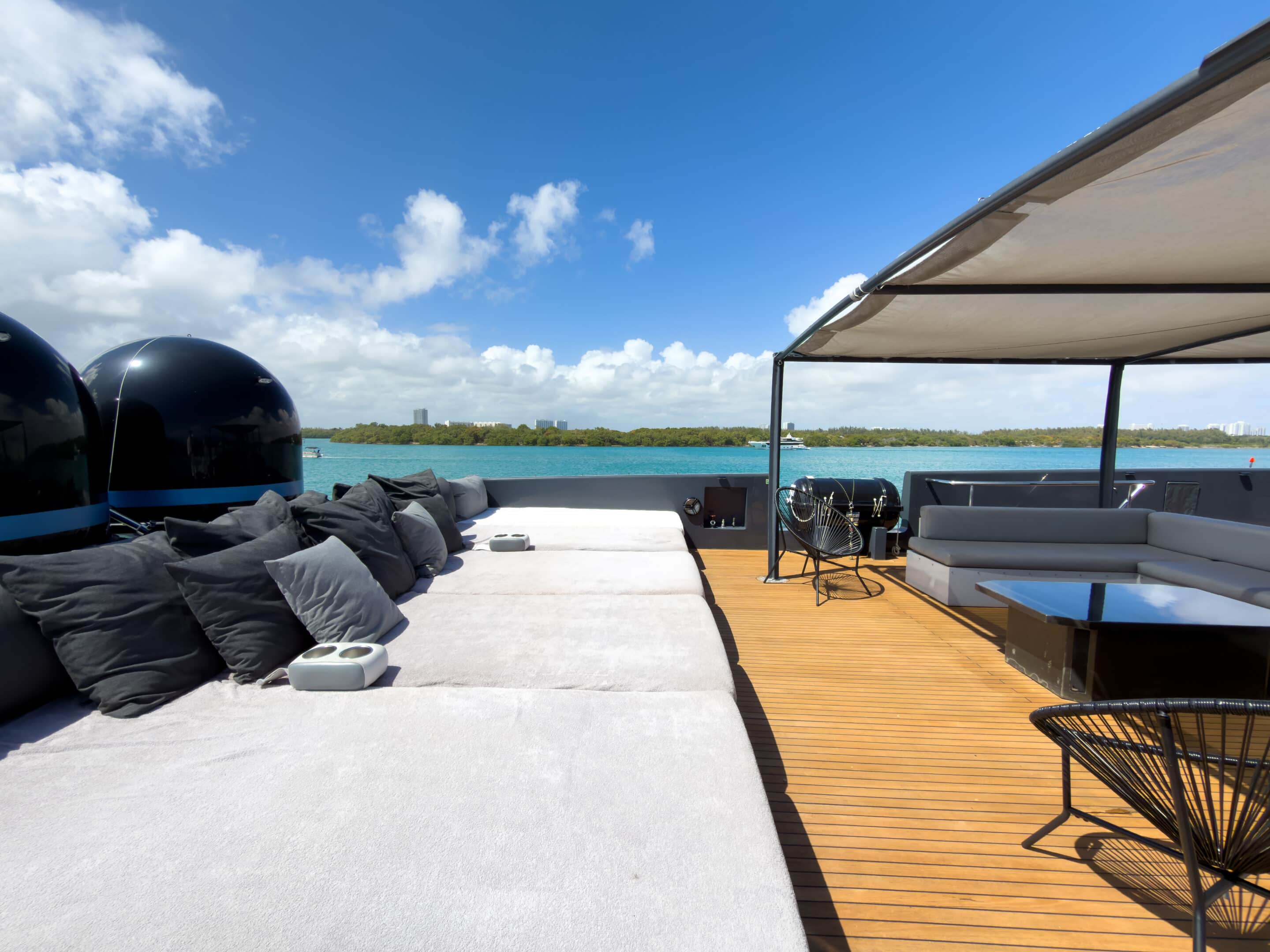 Bow sun pads on 135 ft Baglietto Matrix charter Miami