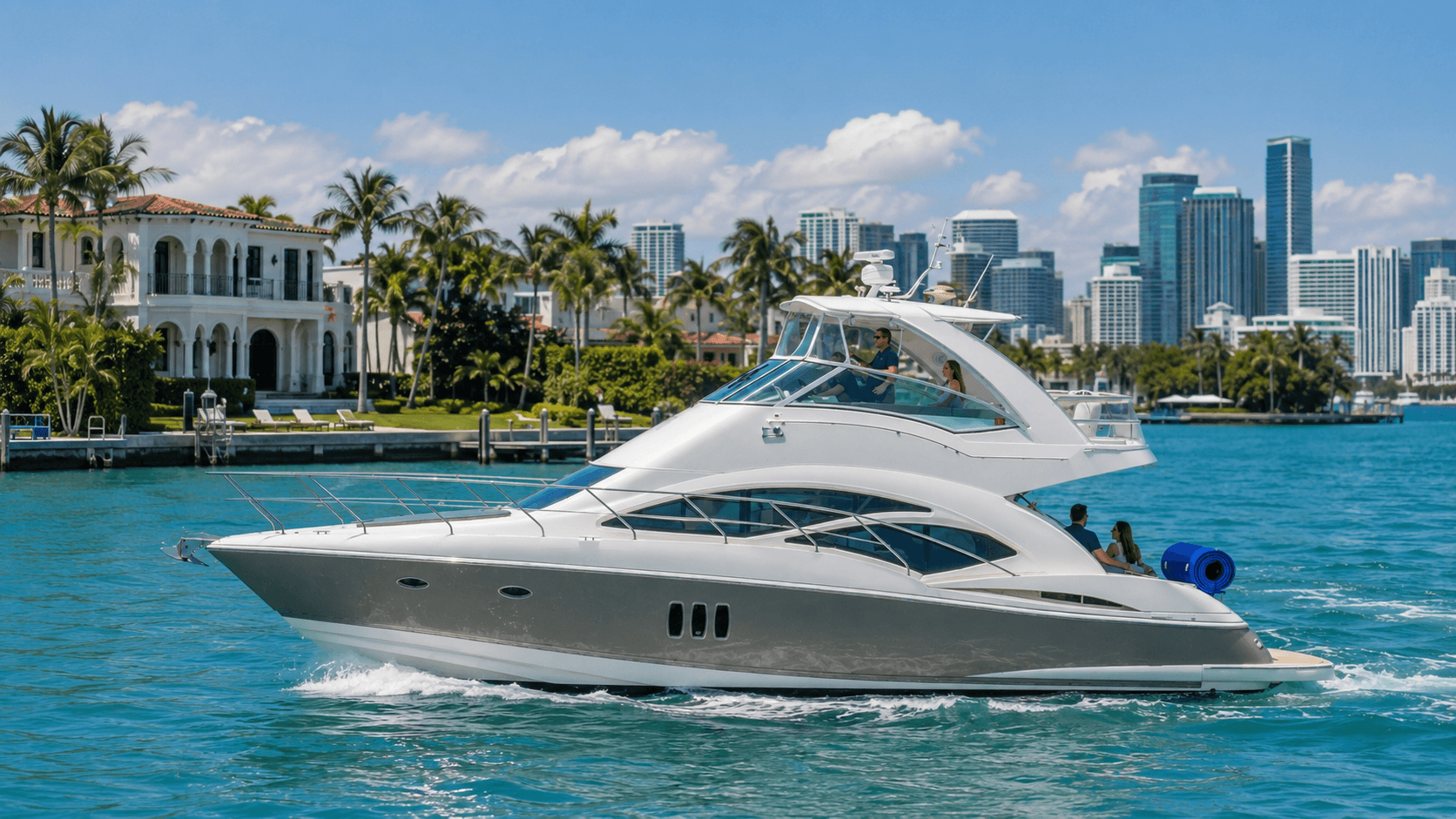 Miami skyline and Star Island seen from a private boat on Biscayne Bay